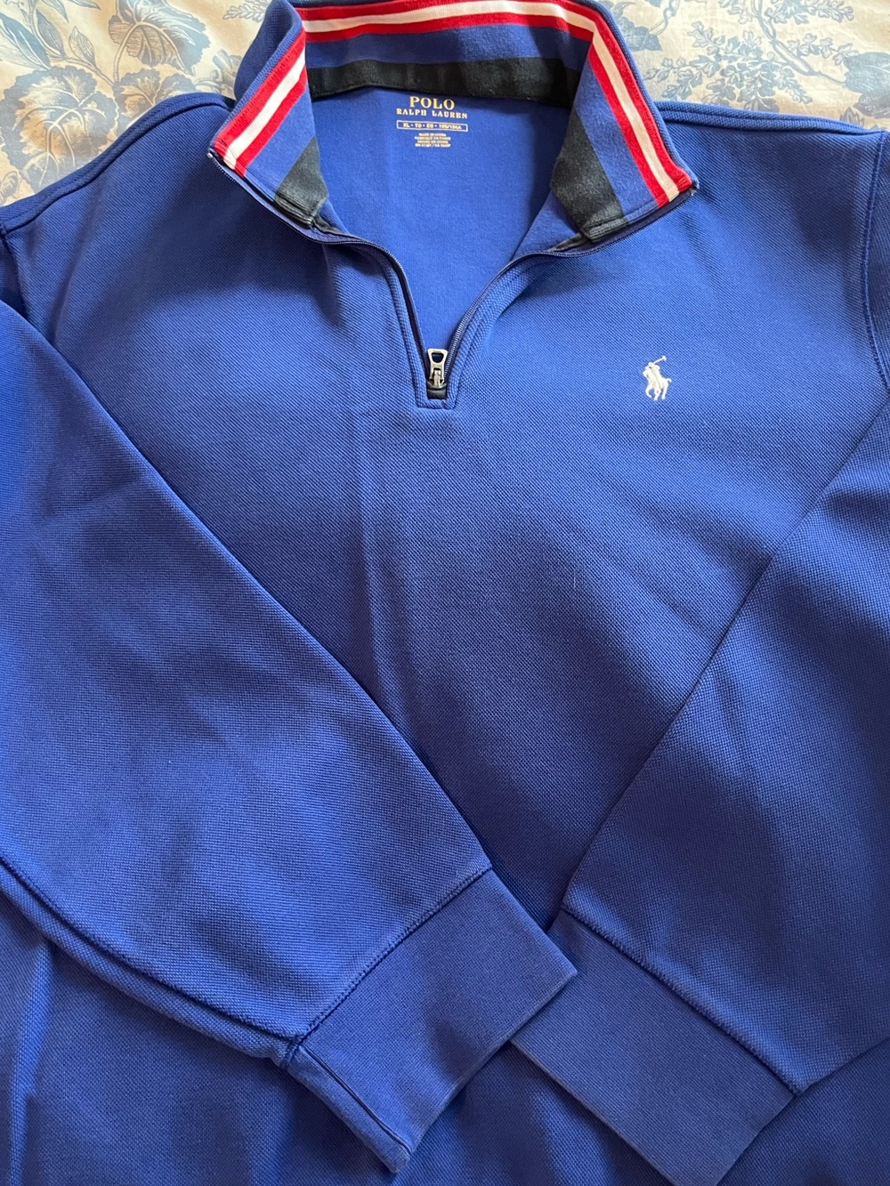 Polo by Ralph Lauren Blue Quarter-Zip Sweatshirt with Red-Trim Collar. 27” l,